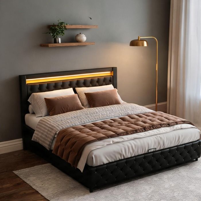 Lit 140x190 cm capitonné avec rangement hydraulique et LED simili cuir noir