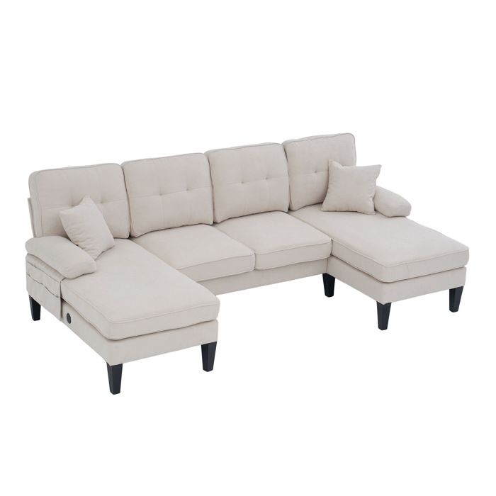 Canapé en U 4 places lin doux 2 méridiennes assise cosy dossier moderne pieds robustes Beige