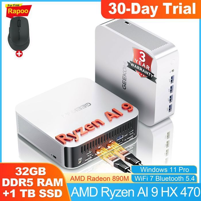 Mini PC GEEKOM A9 Max AMD Ryzen AI 9 HX 470 1TB SSD Radeon Windows 11 Pro Dual LAN - vue 2