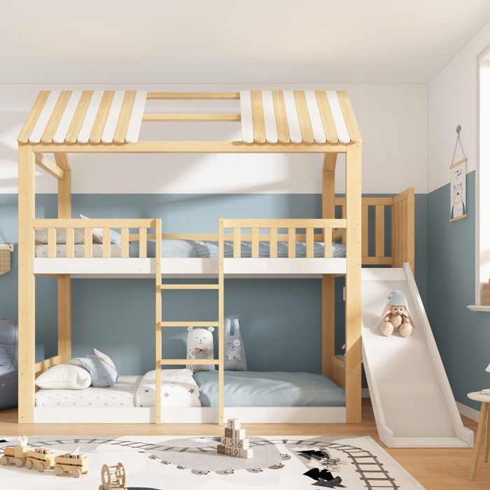 Lit cabane superposé 90x200 mezzanine toboggan escalier sécurisé pour deux enfants norme EN747 Blanc Et Naturel Sans Matelas Lit cabane superposé 90x200 mezzanine toboggan escalier sécurisé pour deux enfants norme EN747 Blanc Et Naturel Sans Matelas