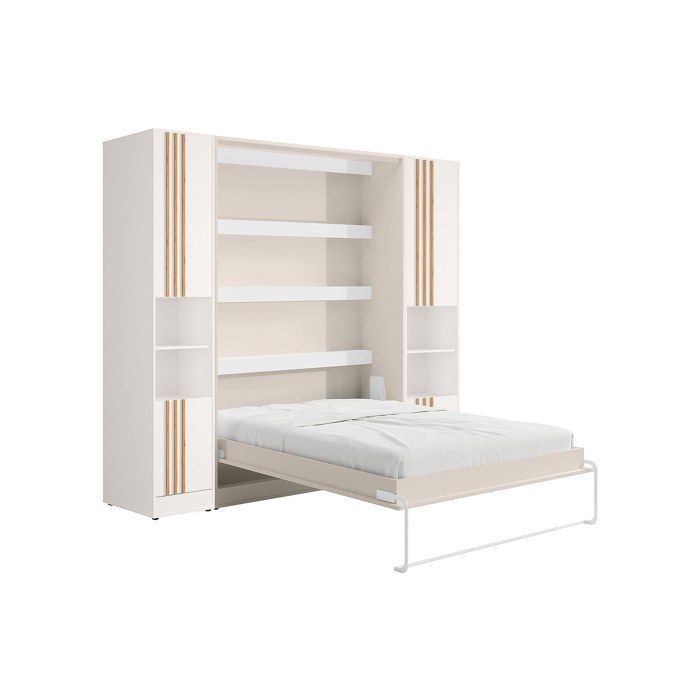Lit escamotable vertical 140 x 200 cm - 2 colonnes de rangement - Avec tasseaux et LEDs - Beige - RAPILI