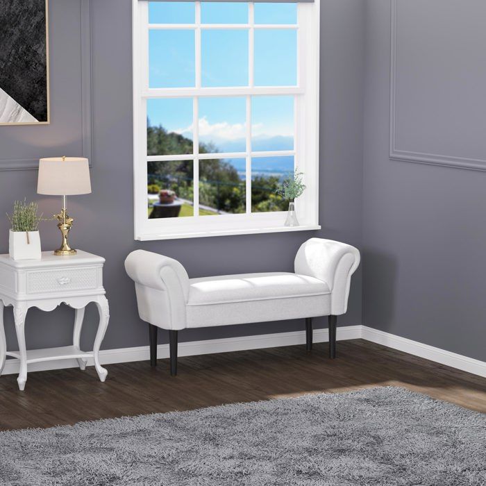 Banc rembourré en toile à voile 102 x 36 x 51 cm gris blanc accoudoirs cadre en bois pour entrée ou chambre