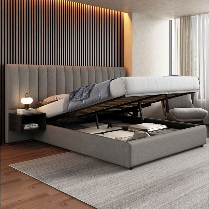 Structure de lit lit adulte 160 x 200 cm avec rangement 2 tables de chevet sommier à lattes en lin gris et noir