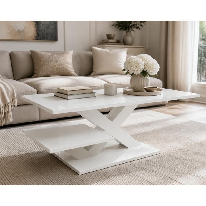 Table basse IDMARKET en MDF blanc design moderne plateau double pieds géométriques en X 100x48x45 cm