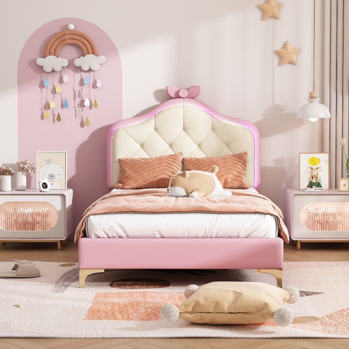 Lit simple enfant rembourré 90x200 cm avec LED multicolore tête de lit ondulée PU rose et blanc