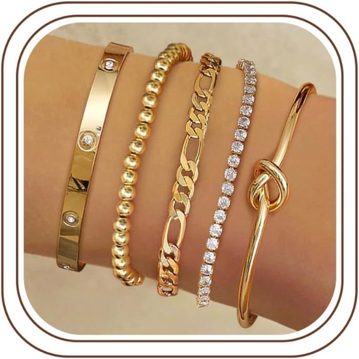 Lot 5 Bracelets Or Pour Femme Véritable Or 14 Carats Hypoallergénique Figaro Zag Chaîne Bracelets Réglable Cz Fantaisie Brac[PP425]