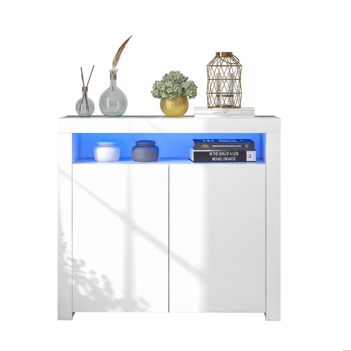 Buffet haut avec 2 portes et niche ouverte éclairage LED et USB - pour salon - en bois - 108×40×92 cm - blanc