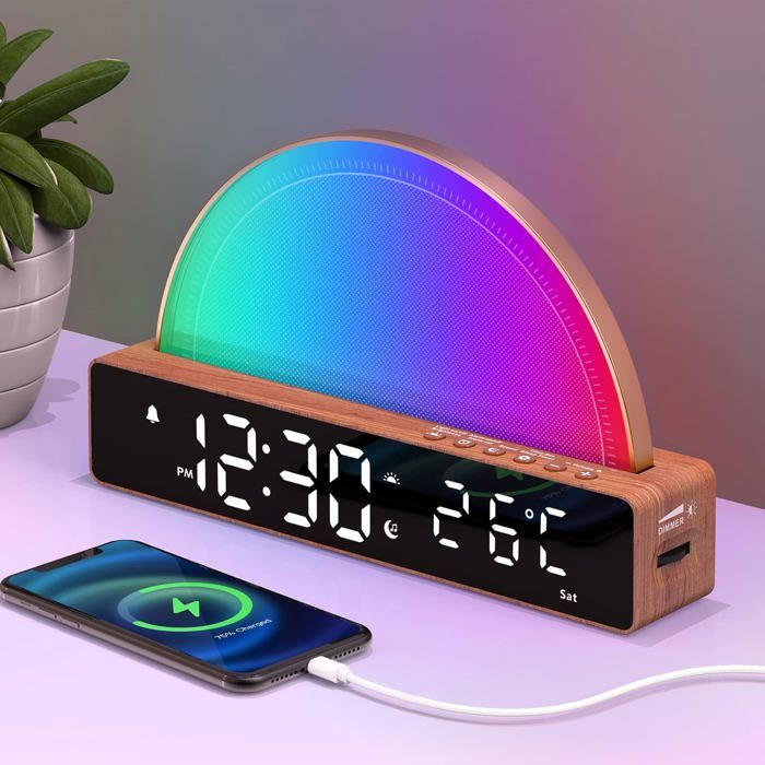Lampe avec Simulation de Lever du Soleil Snooze/6 Sonneries/10 Sons de Sommeil Lampe Atmosphère avec 7 Couleurs Port de Charge