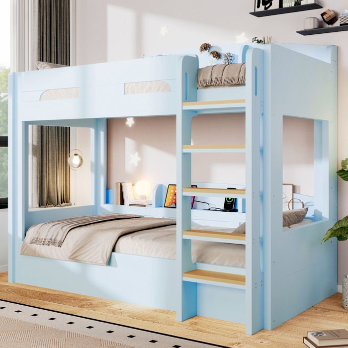 Lit superposé 2 places 90×200 cm USB étagères haut et bas - LPOSPI - sans matelas MDF et pin bleu clair