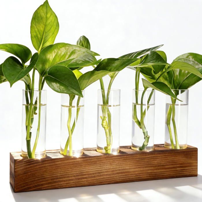 Station de bouturage hydroponique 5 tubes en verre support en bois vase de propagation pour plantes dintérieur