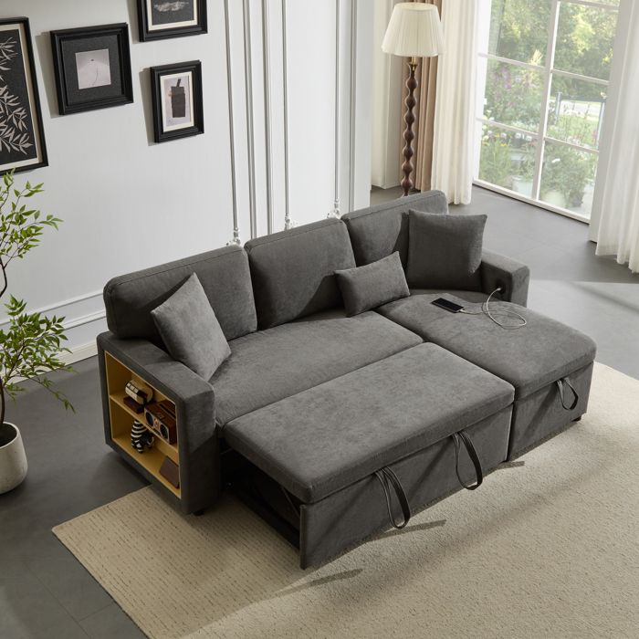 Canapé-lit dangle convertible en L extensible port USB coffre de rangement dissimulé étagère intégrée toile Oxford gris foncé