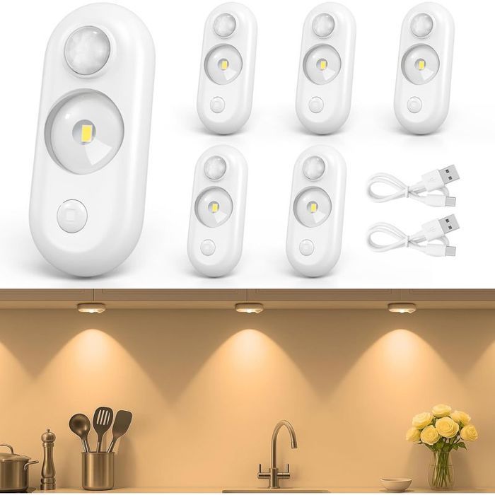 Lot de 6 spots LED à détecteur de mouvement éclairage magnétique rechargeable pour sous-meuble petite veilleuse dintéri