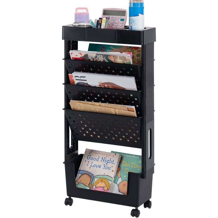 Petite bibliothèque 5 niveaux 38 x 17 x 77 cm - Chariot mobile à roulettes en mesh et plastique noir - Étagère de rangement
