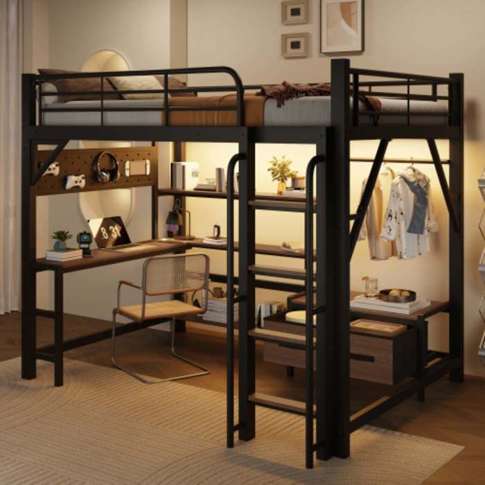 Lit Mezzanine 90x200 Métal Noir avec Bureau Étagères LED USB Lit Surélevé Ado Chambre Étude Rentrée Scolaire Norevia