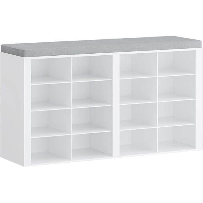 Banc à chaussures 16 compartiments blanc gris assise coussin 2 étagères réglables aggloméré charge 150 kg 30 x 104 x 59 cm