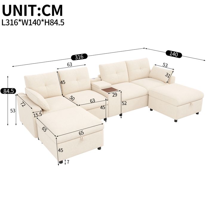 Canapé dangle modulable - ZEVKOR - Forme en U et L - 6 places - Chenille beige - Console centrale avec coffres