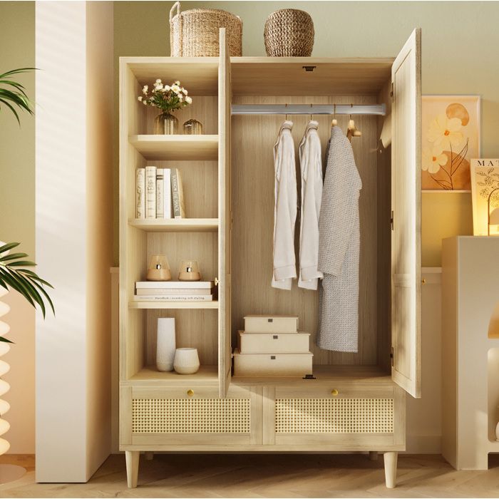Armoire penderie 2 portes AESVAR style campagne effet chêne clair avec 4 étagères tringle et 2 tiroirs