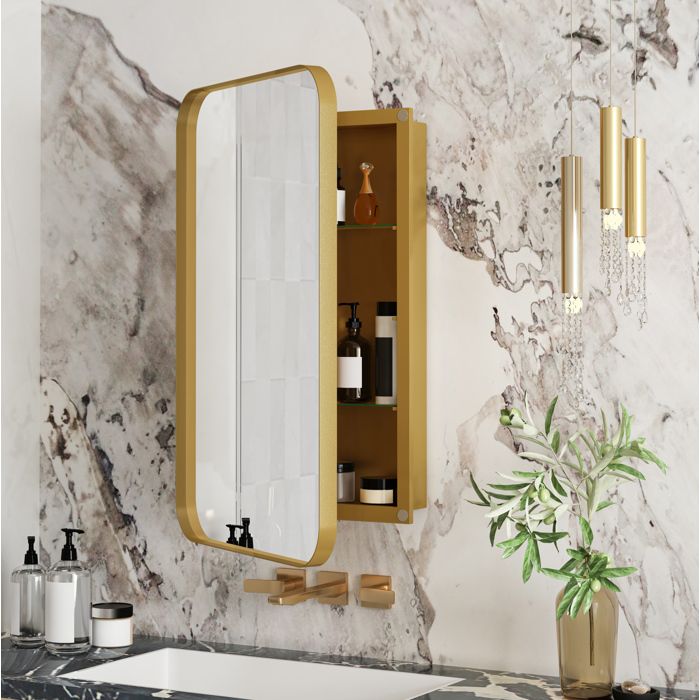 Armoire miroir dorée 76 x 51 x 12 cm - murale ou encastrable - rangement salle de bain - cadre métal 2 étagères verre