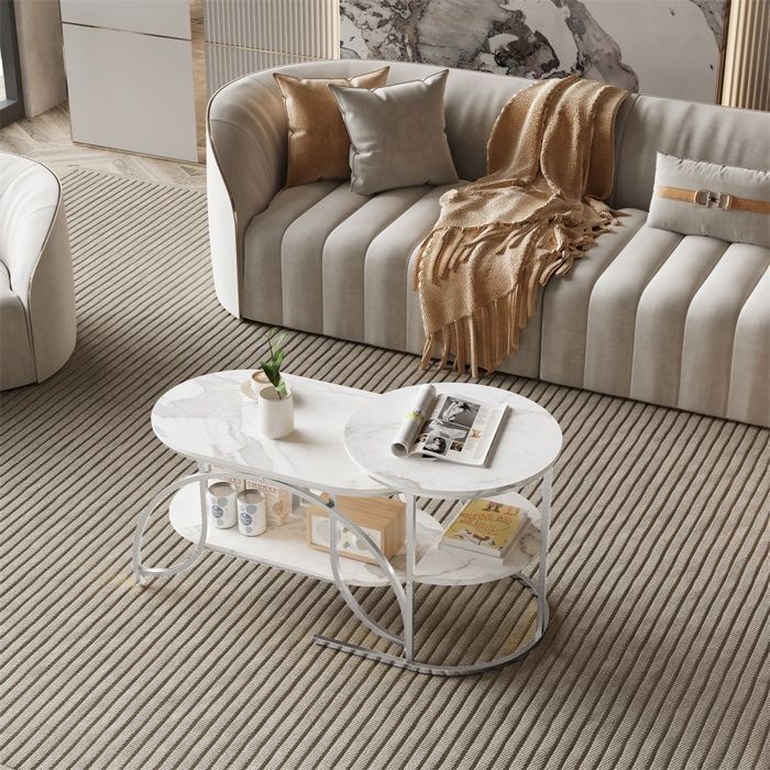 Tables basses gigognes - Lot de 2 tables basses gigognes ovale et ronde - Motif marbre blanc et pieds en métal argent