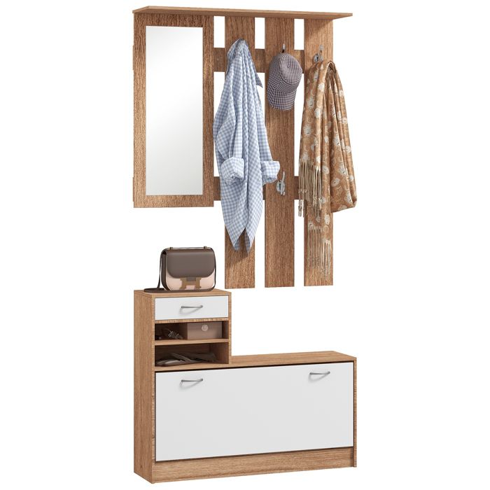 Vestiaire dEntrée 3-en-1 avec Meuble à Chaussures Miroir et 6 Patères Meuble de Rangement en Bois Blanc et Noyer 90x24x177 cm