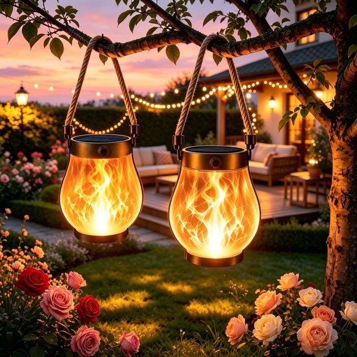 Lot 2 Lanternes Solaires Extérieures Lampes LED Étanches Flamme Dansante Corde Chanvre Double USB Solaire Terrasse Chemin Déco