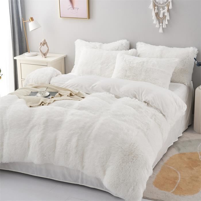 Parure de lit en flanelle moelleuse de 220 x 240 cm Shaggy et peluche - 1 Housse de couette 1drap et 2 taie doreiller T