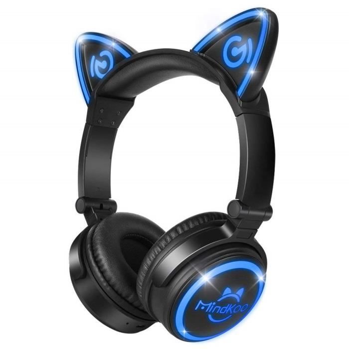 Casque Audio Bleu Noir Oreille Chat Lumineux Enfant Garcon Fille Bluetooth Sans Fil Avec Micro Telephone Tablette Ordinateur Manga