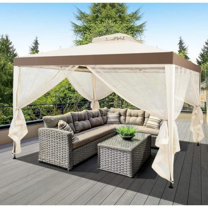 GYMAX Pavillon de Jardin Extérieur à Double Toit 3X3M Tonnelle de Jardin avec Moustiquaire 4 Parois Latérales Amovibles Beige