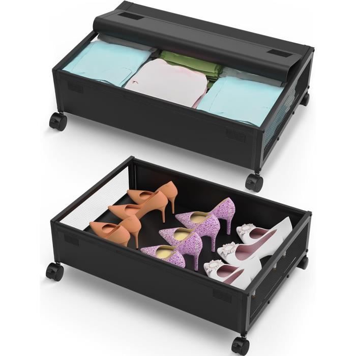 Lot 2 Boîtes Rangement Sous Lit Avec Roulettes - Cadre Métal Pliable 49L Pour Vêtements Chaussures Literie