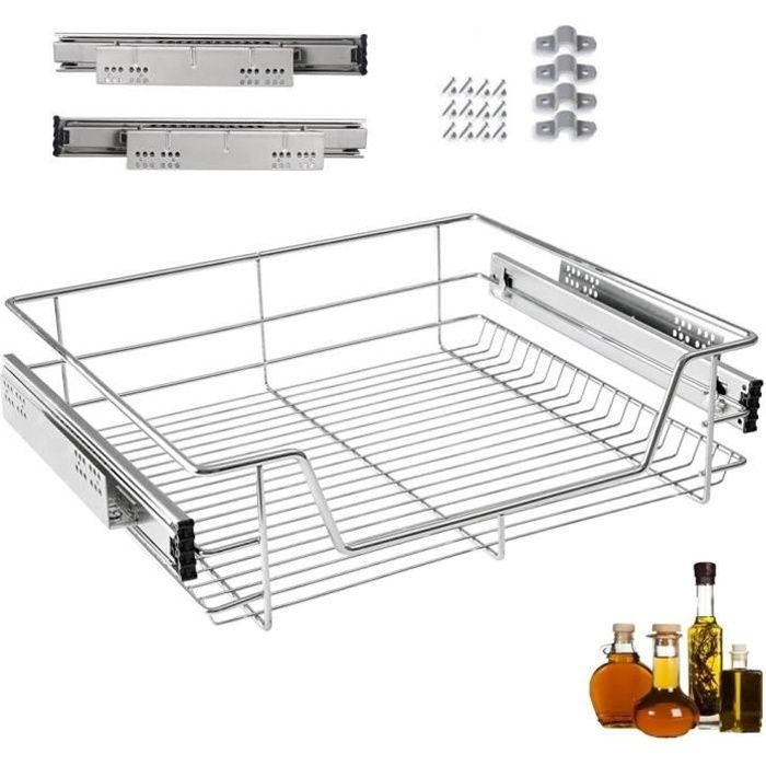 Tiroir Panier de Rangement Télescopique en Métal - Rail inclus - pour placard 50 cm - Gris