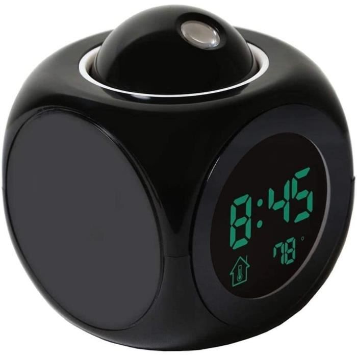 Réveil Projecteur LED - Horloge Avec Affichage Température Et Fonction Snooze - Noir Design Moderne
