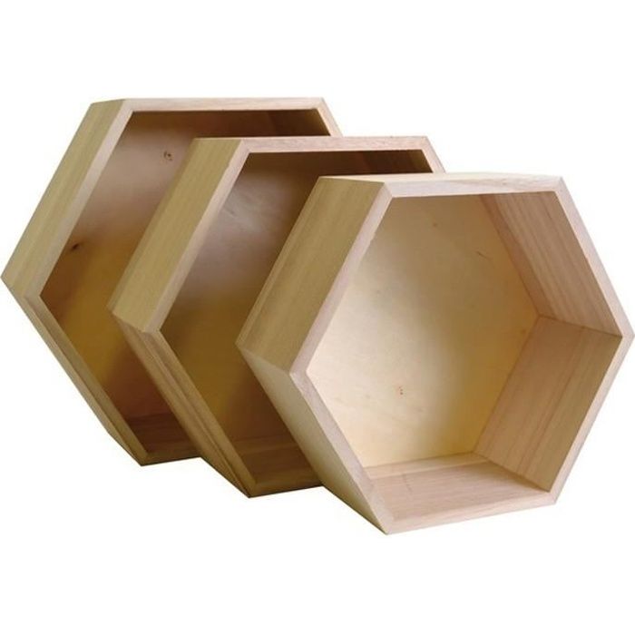 ensemble de 3 étagères hexagonales en bois - style scandinave et moderne - 50cm x 20cm x 8cm - couleur beige
