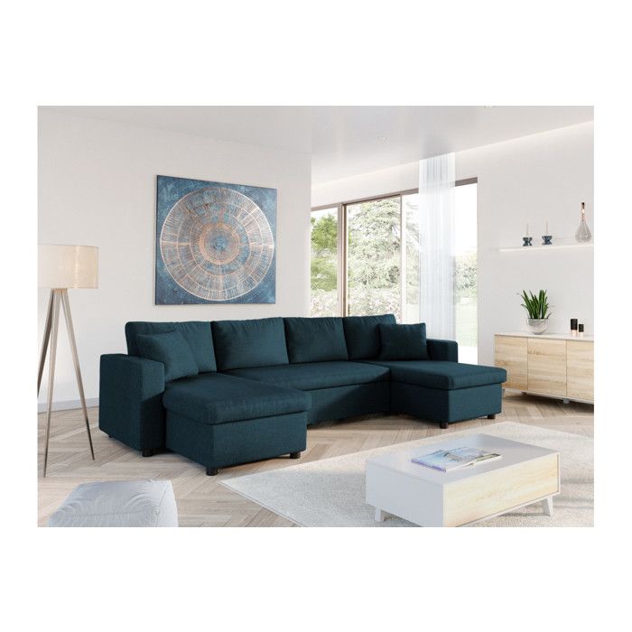 Canapé dangle Panoramique 6 places MARIA convertible Avec 2 Coffres en tissu - Bleu pétrole - L295 x P146 x H81cm - LOUNGITUDE Canapé dangle Panoramique 6 places MARIA convertible Avec 2 Coffres en tissu - Bleu pétrole - L295 x P146 x H81cm - LOUNGITUDE
