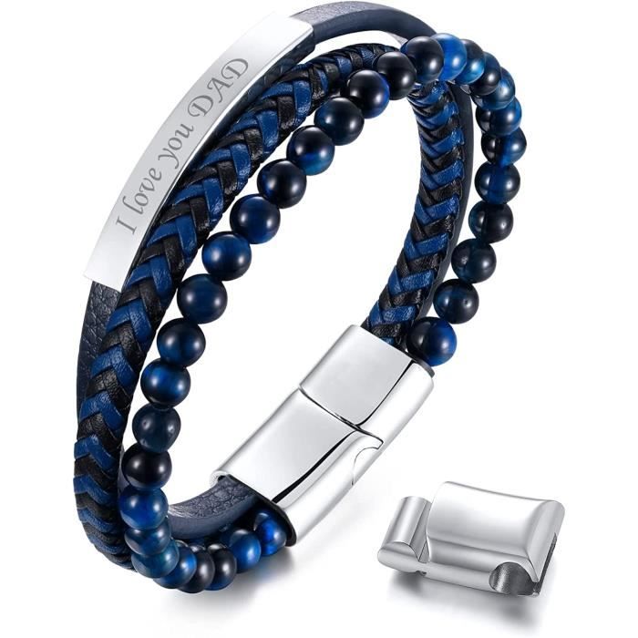Bracelet Homme Rochet Karma Rock Acier Cuir Tressé Noir 5mm et Perles