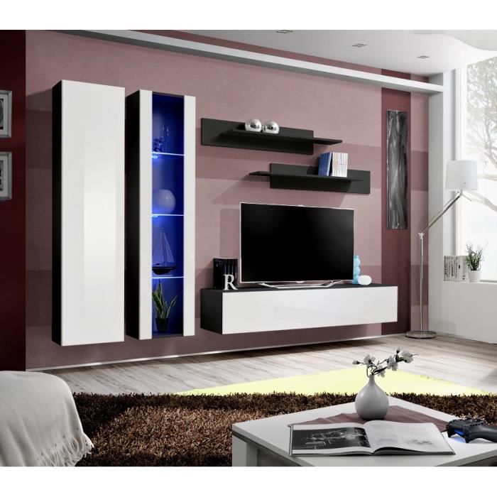 meuble tv mural suspendu fly a4 noir et blanc - price factory - brillant - 3 portes - 190x40 cm
