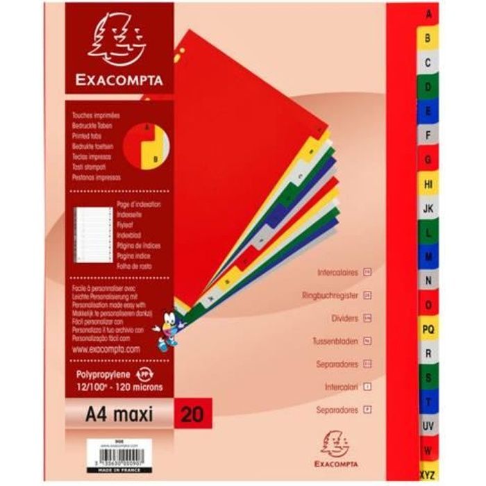 Exacompta A4 Maxi Intercalaire 20 positions pré-imprimé : A-Z à onglets couleurs assorties