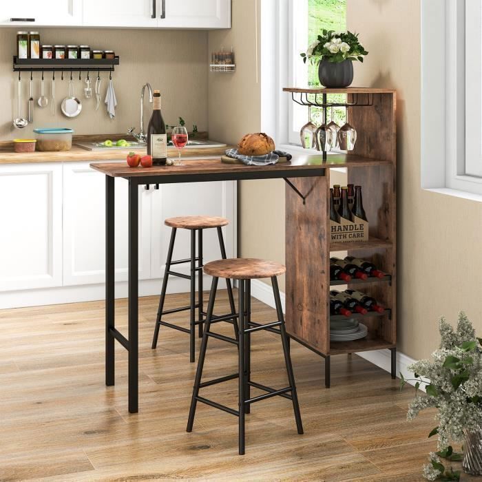 GIANTEX Ensemble Table Haute avec 2 Tabourets de Bar Mange Debout Industriel avec 6 Étagères et Porte-Bouteille pour Salle à Manger