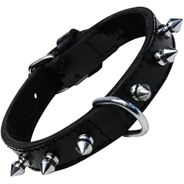Meilleurs prix pour Collier - GLORIA - Peau Rangée de Pointes - Cuir Noir - Boucle Ajustable - Anneau en D