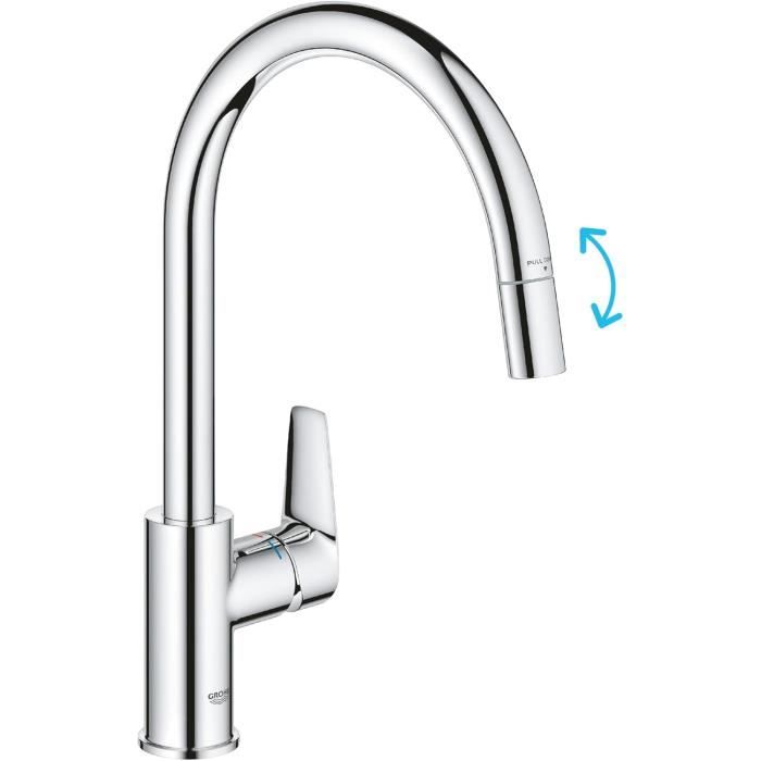 GROHE Start Edge QuickFix Mitigeur dévier de cuisine à 1 levier avec fonction extractible bec en C hautzone pivotante à 360ca