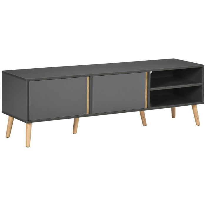 Meuble tv - HOMCOM - banc télé jusquà 55 pouces design scandinave 2 portes 2 niches - bois - 150x35x45cm - gris foncé