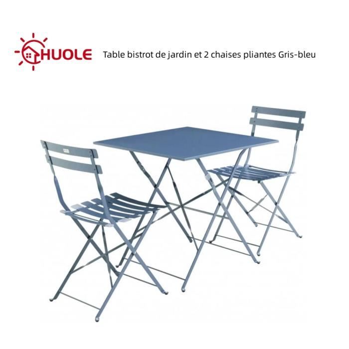 table bistrot de jardin et 2 chaises pliantes - huole - gris-bleu - carré - extérieur