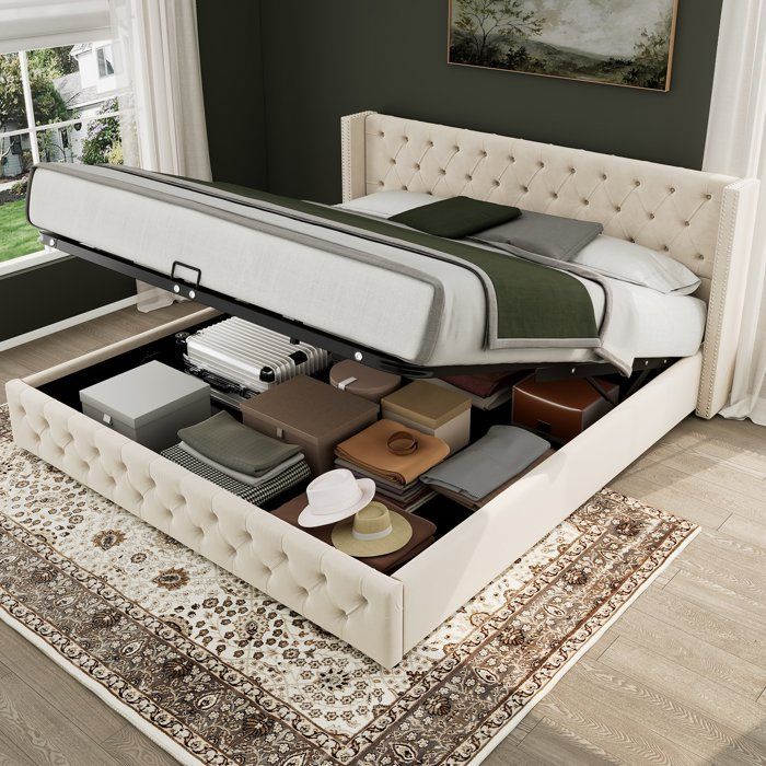 Lit double 140×200 cm Lit coffre 2 personnes Polaire cloutée double rang avec coutures boutonnées beige