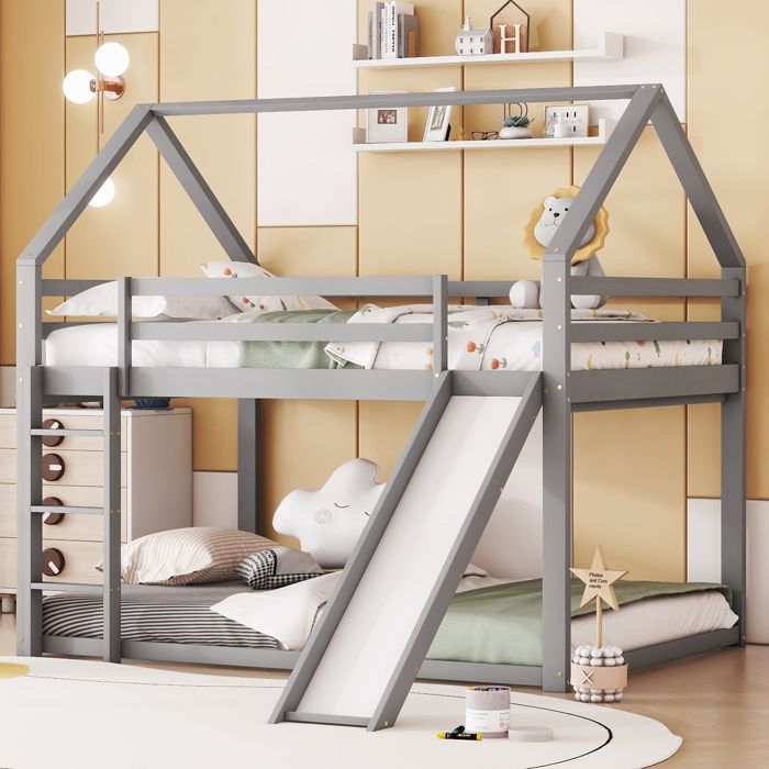 Lit superposé cabane - MODERNLUXE - 140x200cm - Bois massif - Gris - Toboggan intégré
