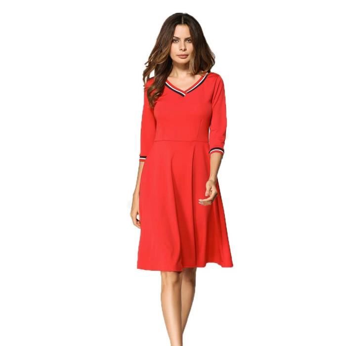 Femmes Robe Mode Feminine Cadrage Aux Genoux V Cou Automne Robe Longueur Genou Rouge Rouge Rouge Cdiscount Pret A Porter