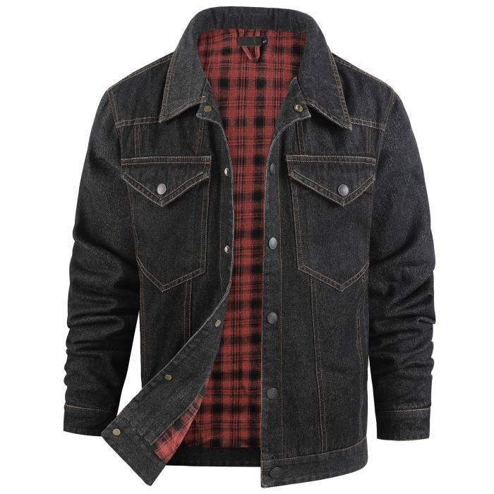 Blouson en Jean Homme Doublure Carreaux Automne Casual Manches