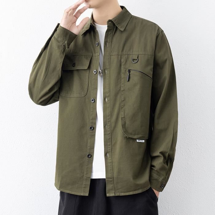 Chemise en Jean Cargo Homme Manches Longues INSFITY Vert militaire Regular