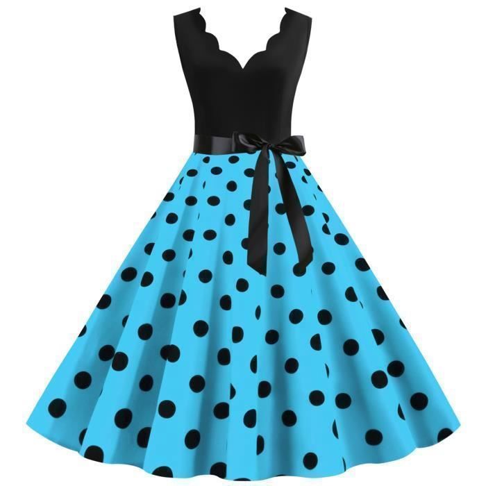 Robe Vintage Pois Pour Femme Blanc bleu Blanc bleu Cdiscount