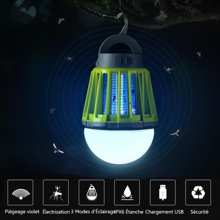 UV Lampe Ampoule Anti Moustique USB Rechargeable 3 Mode d'éclairage Jardin Extérieur Camping