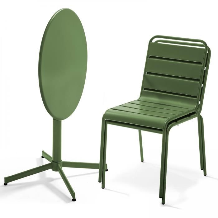 Table de jardin ronde inclinable et 2 chaises en métal vert cactus