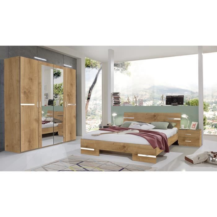 Chambre à coucher complète adulte SYLIA (lit 140x190cm + 2 chevets + armoire) coloris imitation chêne poutre-chrome brillant